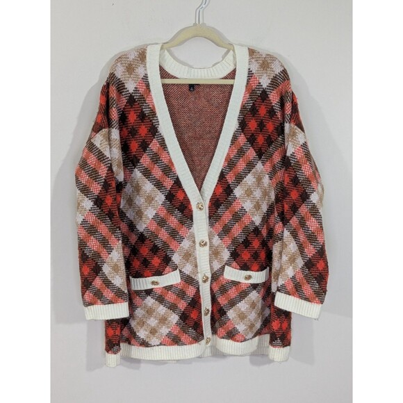 TALBOTS Ivory Brown Orange Argyle Gold Buttons Classic Soft Cardigan Plus SZ 2X - Picture 3 of 11